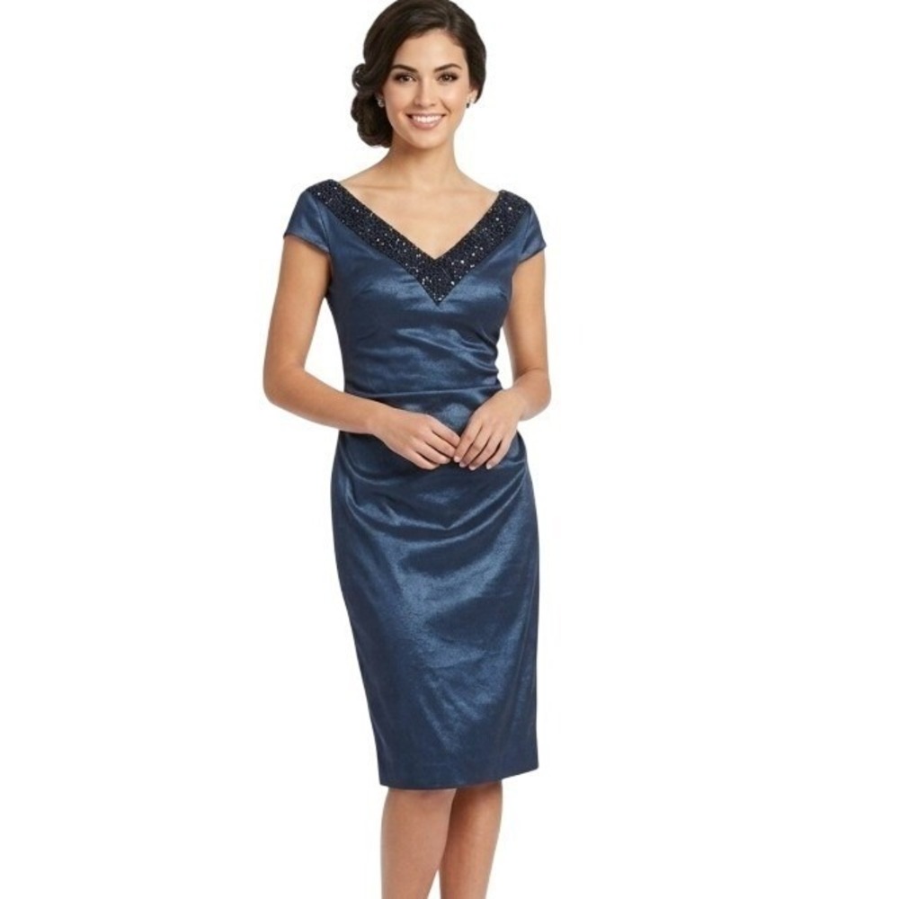 Maggy London Dress Womens 4 Blue Beaded‎ V Neck Ruched Satin Sheath Midi Formal